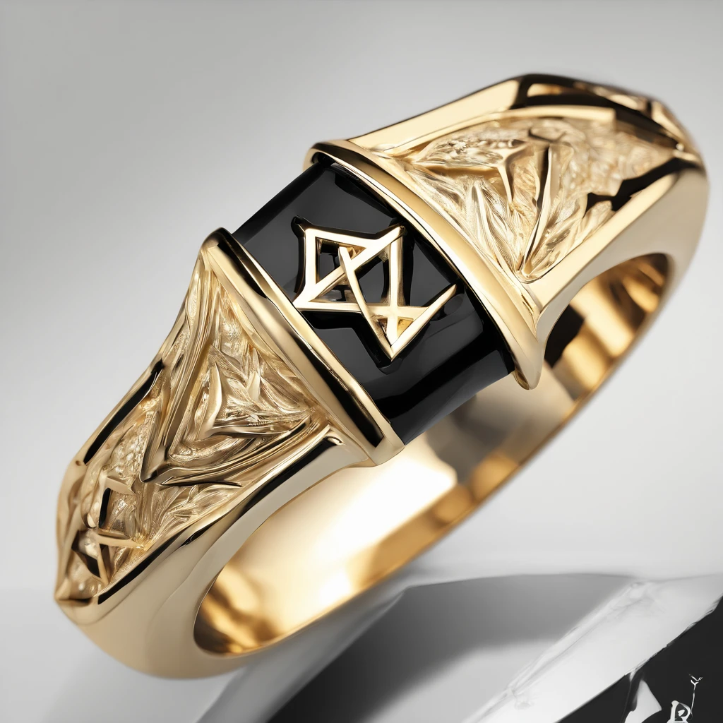 Yellow gold ring，Pentagram pattern，Obsidian embellishments，simple backgound， with black background，Simple details