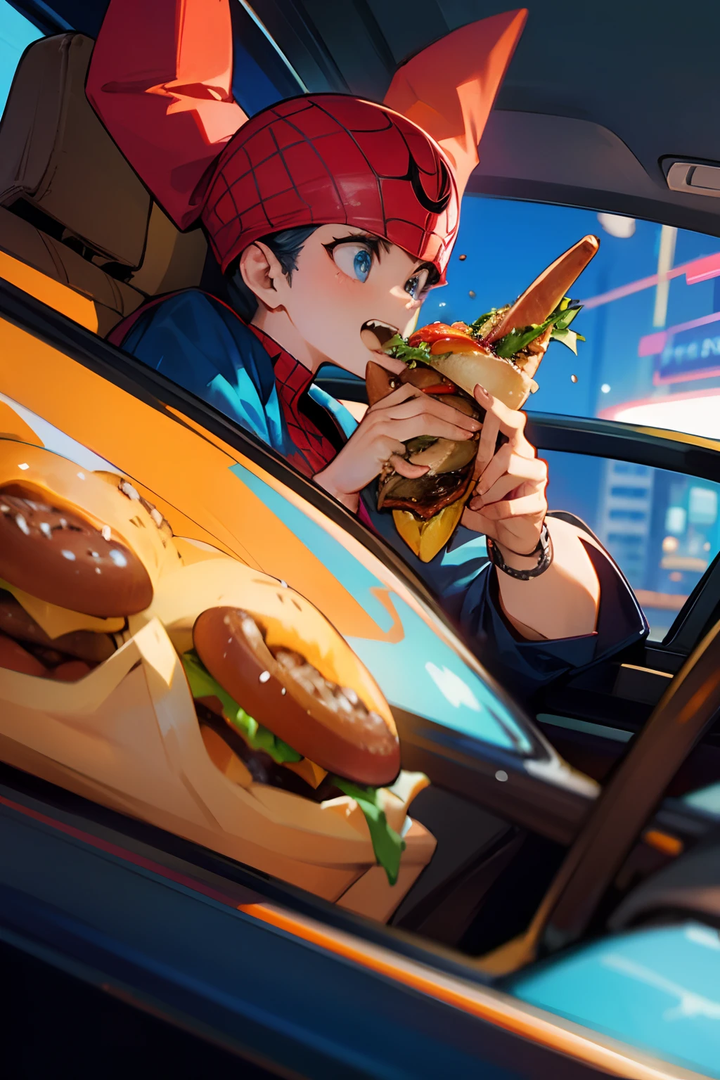 spiderman, driving a car, eating a hot dog and burger at the same time