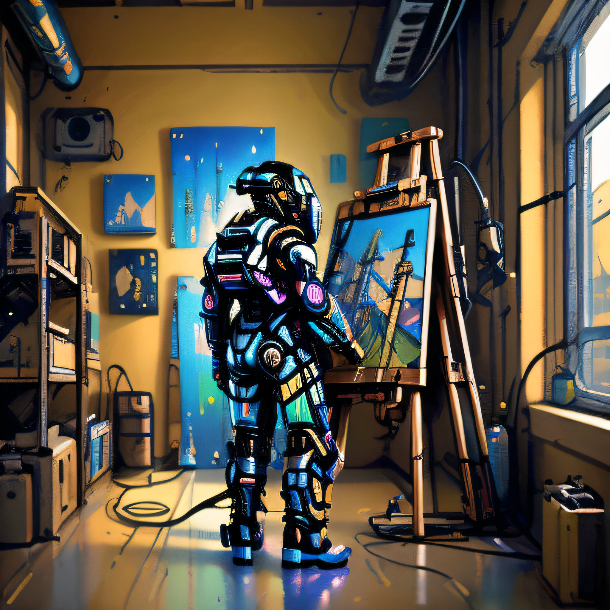 (masterpiece, best quality, HD, 4K 8K wallpaper detailed:1.2), humanoid, robot, wearing headphones, looking away, (cyberpunk, art canvas, paint brush, easel, iridescent, holographic: 1.6), (cables, wires, indoors, room, artistic background)