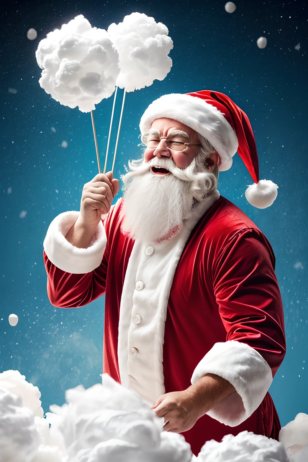 Hysterical crying santa battling in candy cotton balls