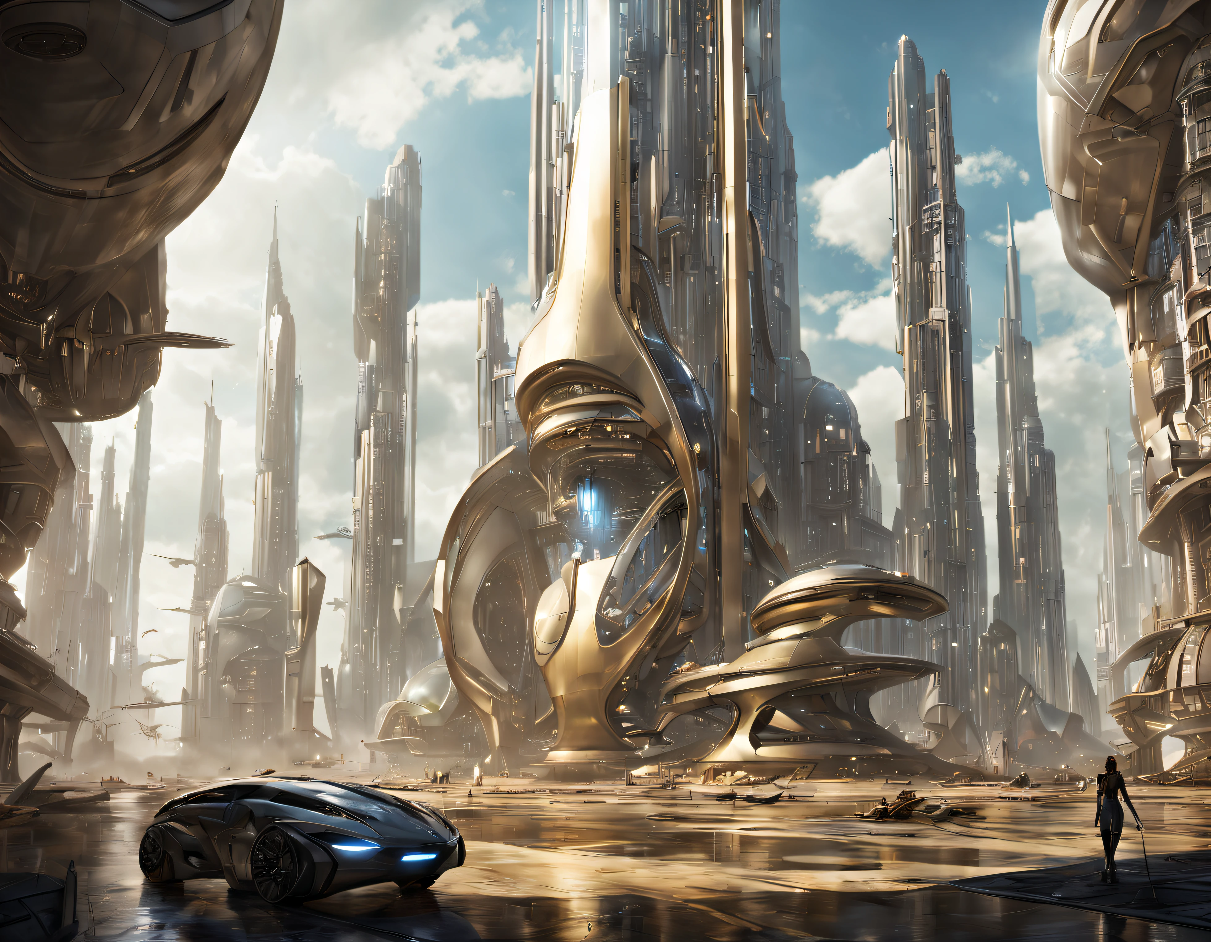 On an unknown planet there is a futuristic city with immense buildings of technological design, con estructuras acristaladas en plata, oro y bronce espectaculares en la que sobrevive un robot femenino espectacular. pavimento ensolado.