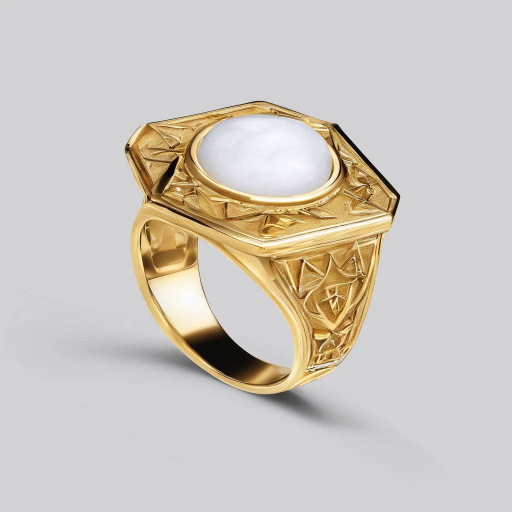 Yellow gold ring,Pentagram pattern,White jade decoration,simple backgound, with black background,Simple details