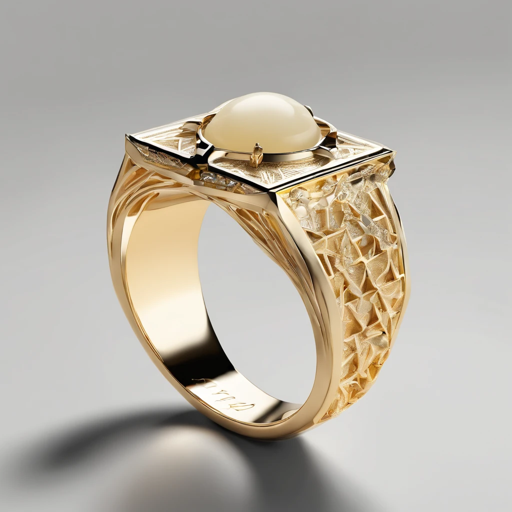 Yellow gold ring,Pentagram pattern,White jade decoration,simple backgound, with black background,Simple details