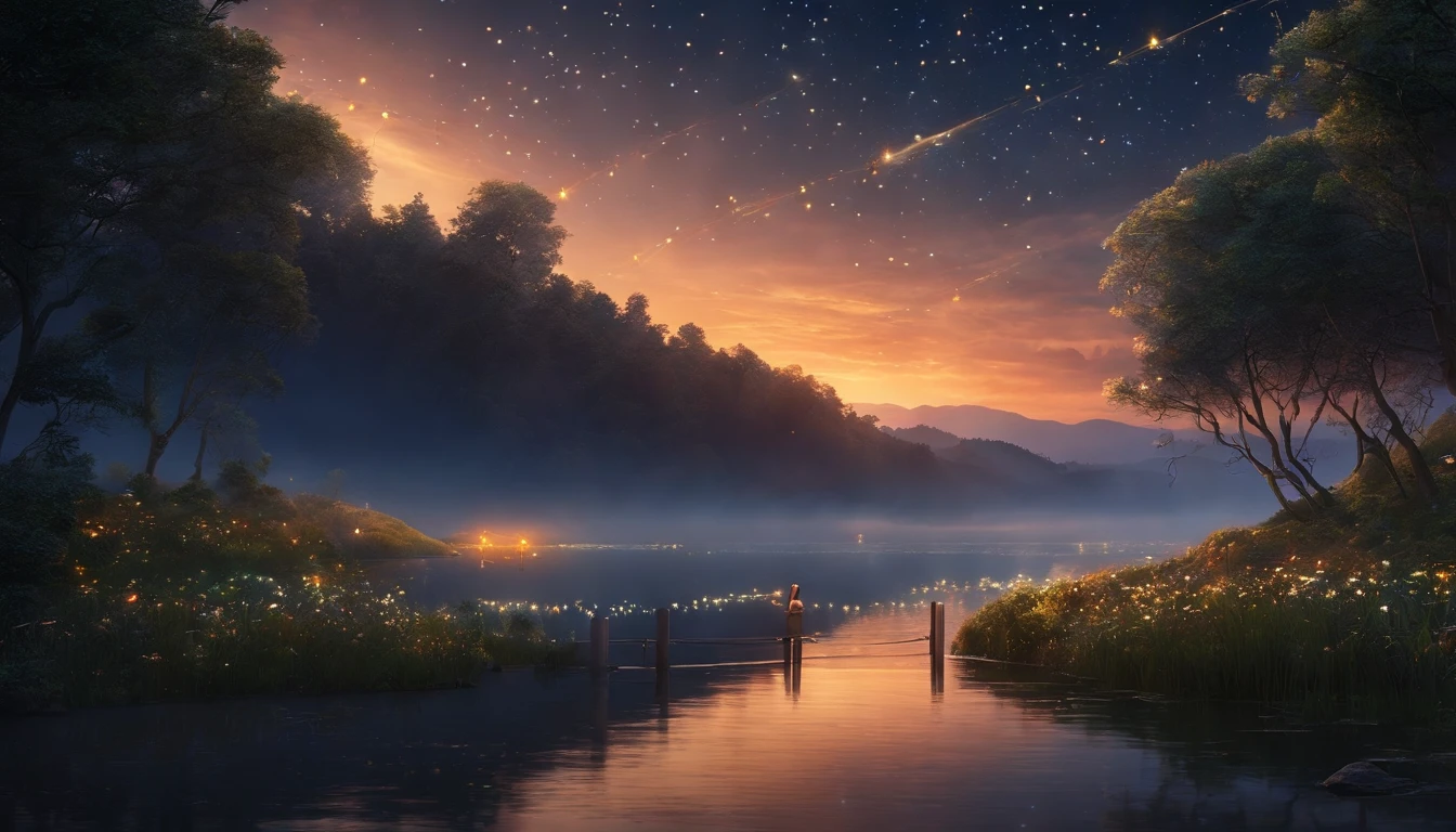 masutepiece、top-quality、Top image quality、The 8k quality、、Beautiful starry sky illustration、Two beautiful shooting stars、Fantastical、lake、Lots of fireflies、