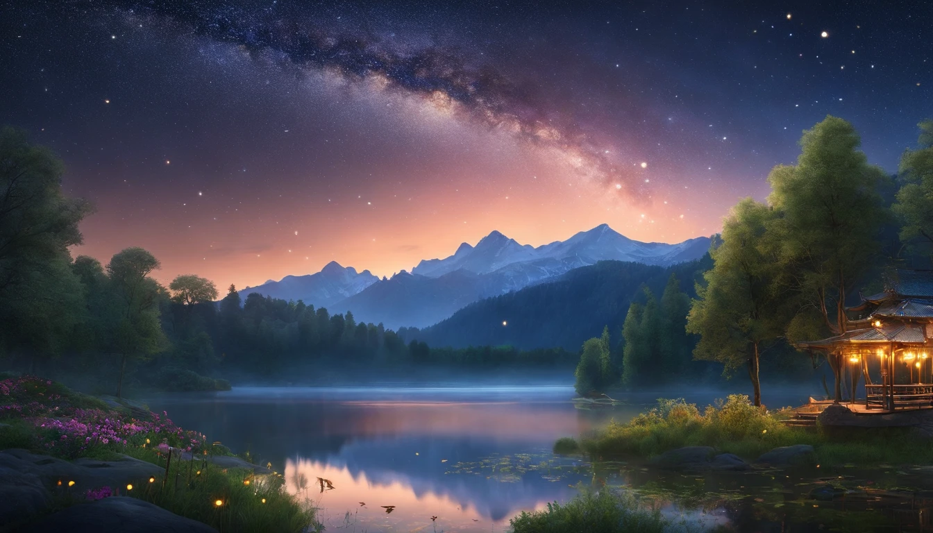 masutepiece、top-quality、Top image quality、The 8k quality、、Beautiful starry sky illustration、Two beautiful shooting stars、Fantastical、lake、Lots of fireflies、