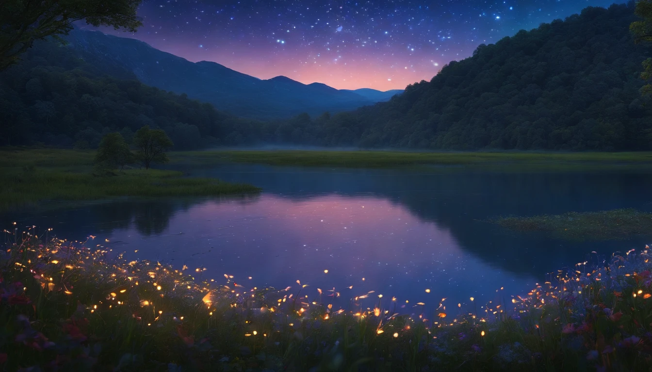 masutepiece、top-quality、Top image quality、The 8k quality、、Beautiful starry sky illustration、Two beautiful shooting stars、Fantastical、lake、Lots of fireflies、