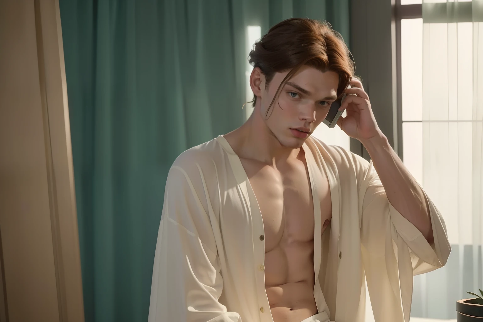 year: 2023. Location: Phoenix. Pre-Raphaelite scene with a 21-year-old Dominic Sherwood wearing a robe and shorts, in a hotel room, talking on the phone, hand on his head, ((((Clothing from the 2020s)))) ((Hairstyle of the 2020s)), pastel colors, (((cinematic style)))