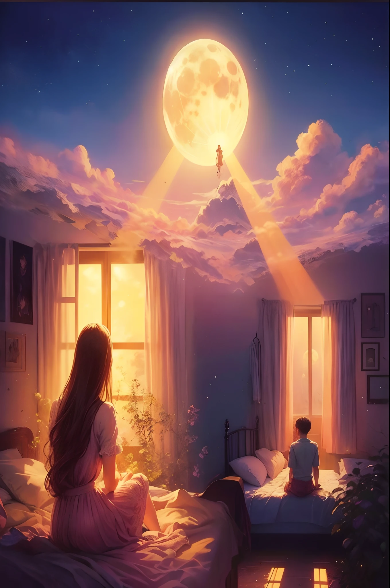 The moon is in the sky, a ray of it enters a girl’s room, and another ray enters a young man’s room in another place. The beautiful, romantic and peaceful scene is an artistic painting.