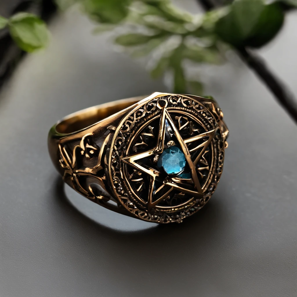 Bronze ring，Pentagram pattern，Gemstone embellishment，simple backgound， with black background，Simple details