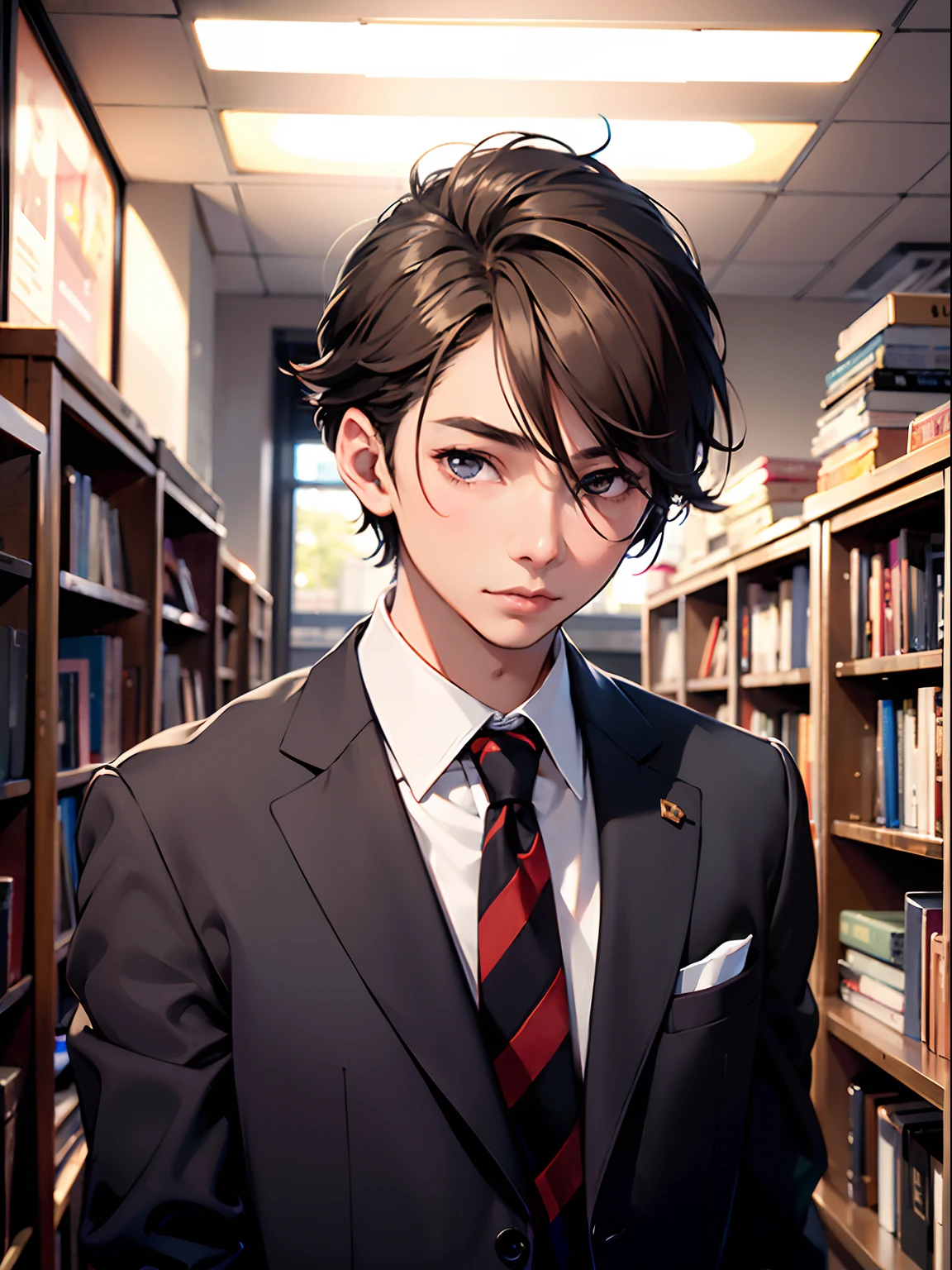 1boy,15 only、(Man's :2),(bobhair:1.5)、light brown hair、Suits、Brightly colored ties、Cluttered office、Twilight,Natural lighting、hightquality、masutepiece,8K,hight resolution、