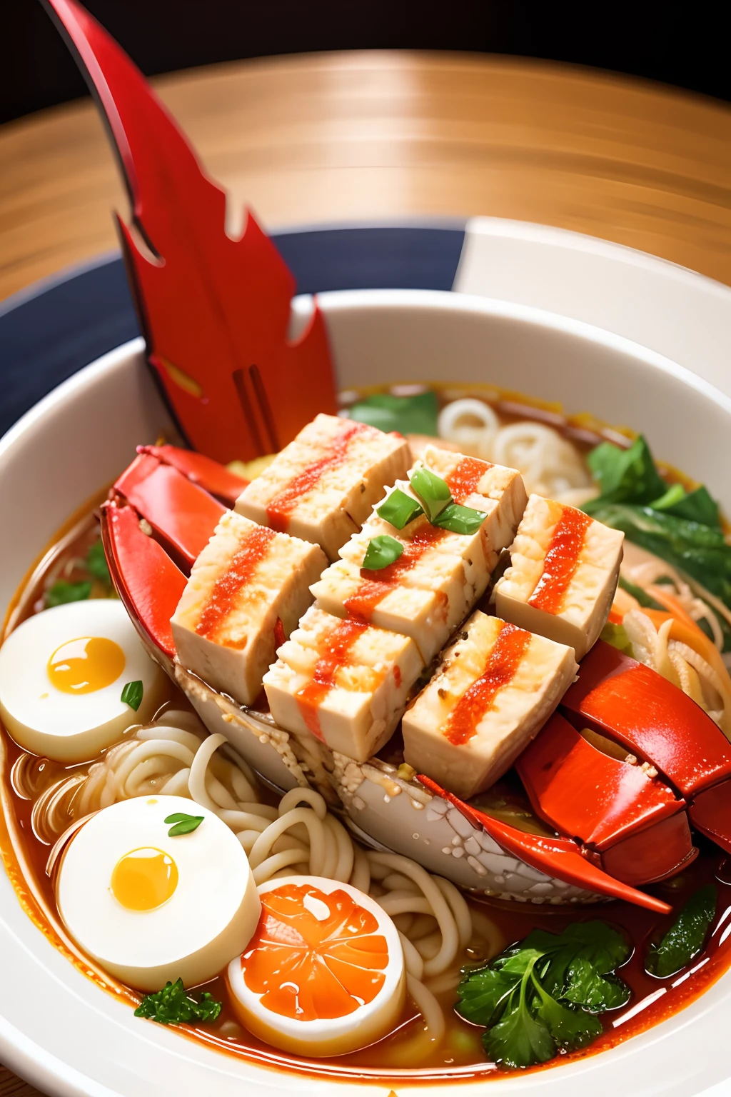 Ramen with a whole crab and lobster on it