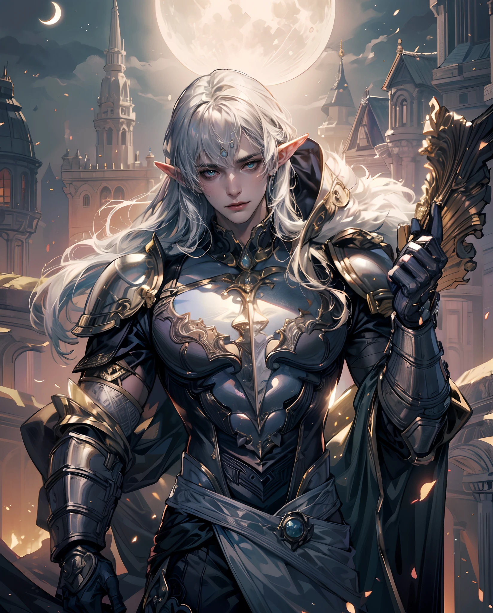 fine illustration, ultra detailed, highres, from below, handsome, elegant man, elegant pose, paladin_gothic suit, silver_glistening long hair, elf warrior, Fantasy, moon world, detailed bodysuit with glittery decoration of armour, detailed embroidery, extremely layered frills, detailed texture, detailed pattern, full moon background, break. Detail hands, ((details fingers:1.2)), beautiful ((hand shape detail)