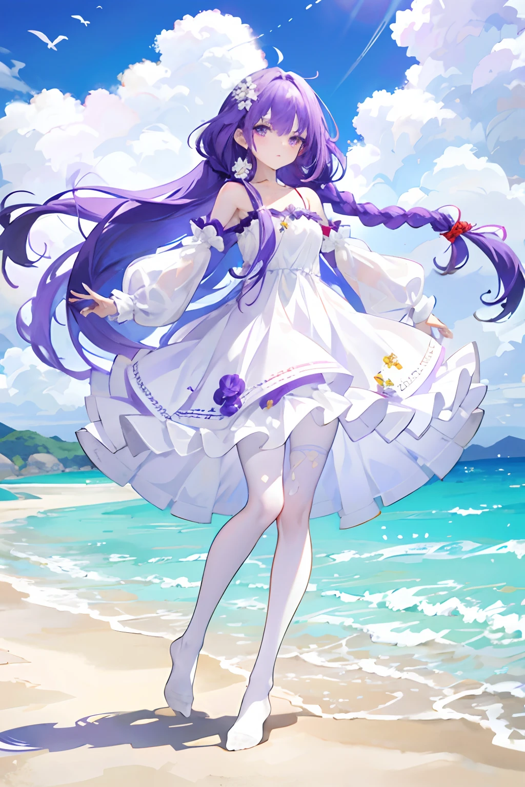 Purple colored hair,long whitr hair,Purple eyes,Twist braids,adolable,s girl,Wearing a beautiful white dress,White silk pantyhose,No shoes on your feet,full-body photo on the front,All body,Fingers and arms are not exposed,Background sandy beach,with blue sky and white clouds,Flowers