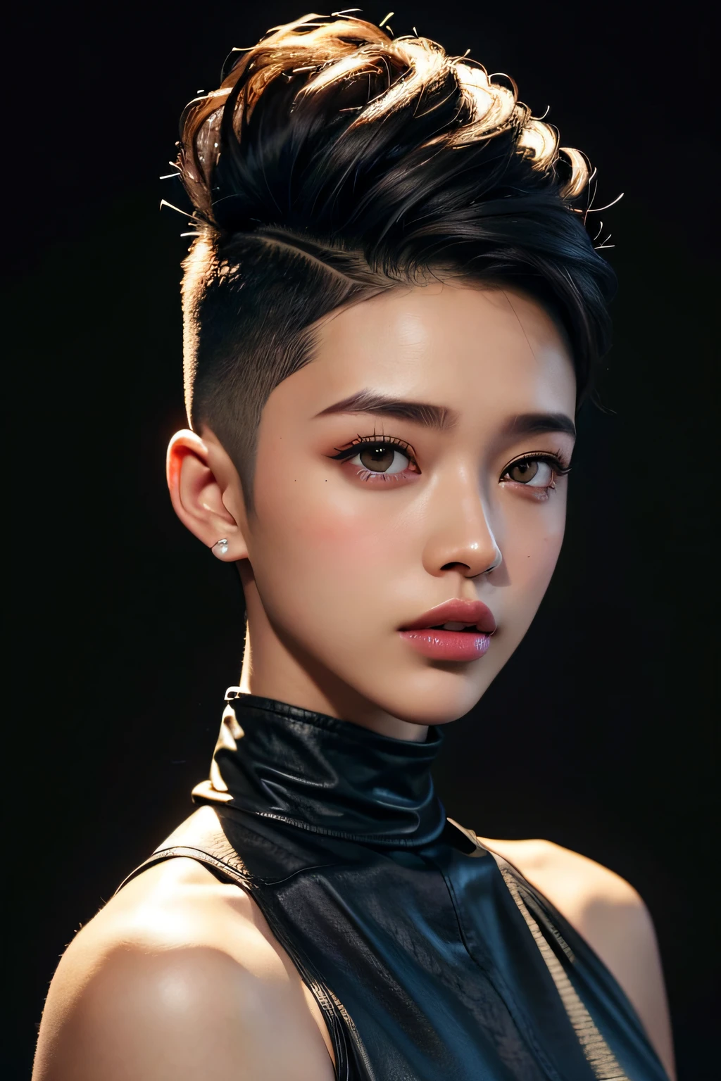 30-year-old woman with、(hi-top fade:1.3)、length hair、Dark theme、Soothing tones、Subdued Color、highly contrast、(natural skin textures、Hyper-Realism、Soft light、sharp)、masterpiece, top-quality, hightquality, hight resolution