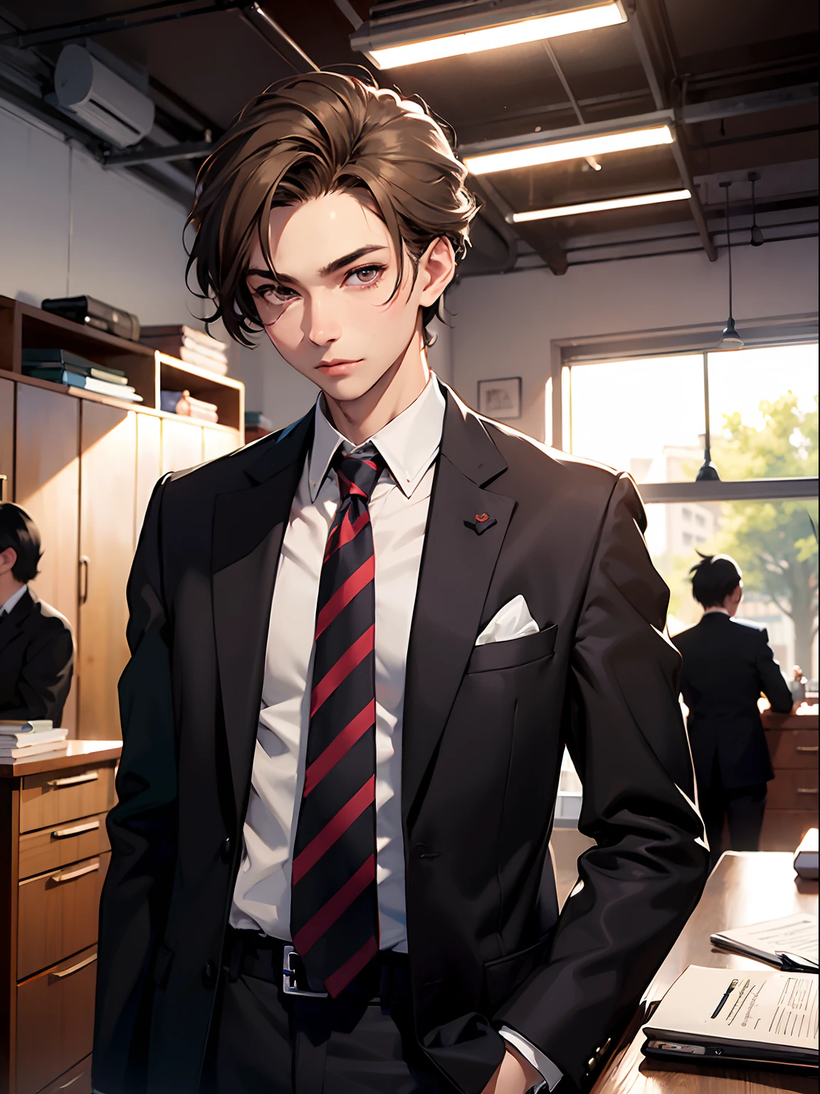1boy, only、(Man's :2),(bobhair:1.5)、light brown hair、Suits、Brightly colored ties、Cluttered office、Twilight,Natural lighting、hightquality、masutepiece,8K,hight resolution、