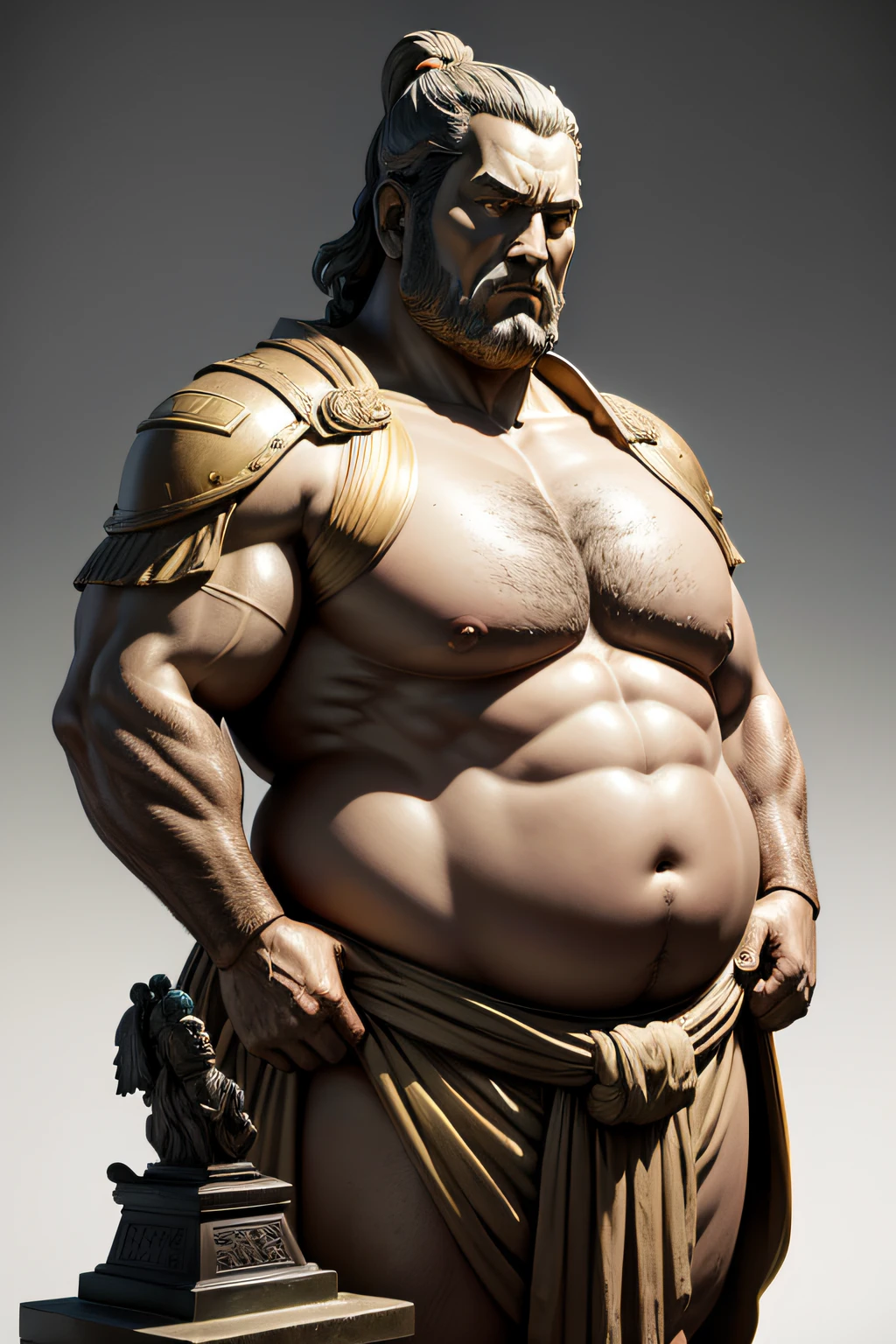 Rugged face,Japan statue,Bronze statue,onimous,temple,Wearing a ghostly toga, neutral background, Moody, bbw, chubby tummy,Three-segment abdomen,Uncle,Photorealista, Thoughtful movie dinner, ultra-detailliert, A hyper-realistic, brightened light, 8 K