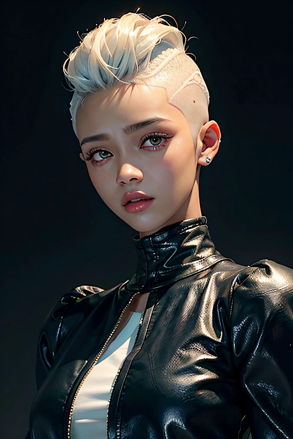 30-year-old woman with、(hi-top fade:1.3)、length hair、Dark theme、soothing tones、Subdued Color、highly contrast、(natural skin textures、Hyper-Realism、Soft light、sharp)、​masterpiece, top-quality, hightquality, hight resolution