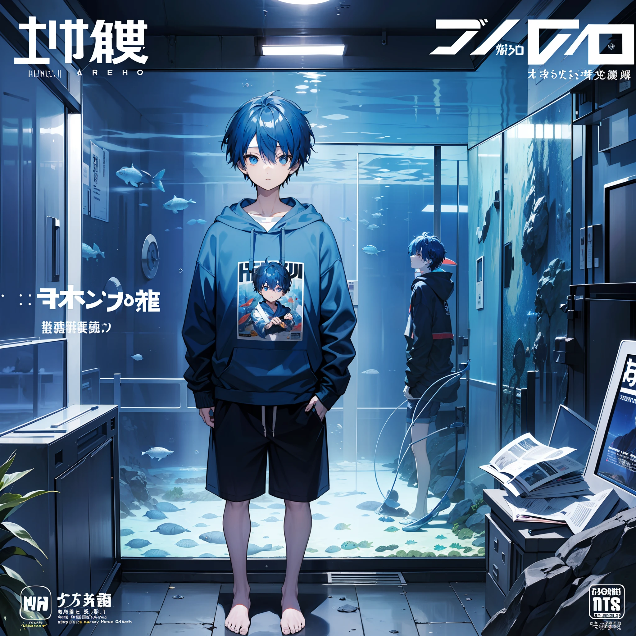 masterpiece, best quality, full body, (1boy), (Blue hoodie), (Boy Messy Japanese Round Haircut for Thick Hair), (blue hair), black shorts, ((solo)), (magazine:1.3), (cover-style:1.3), fashionable, (inside tunnel aquarium),
