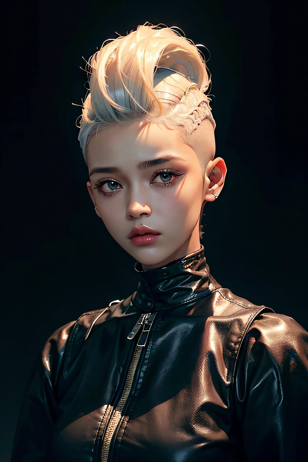 30-year-old woman with、(hi-top fade:1.3)、length hair、Dark theme、soothing tones、Subdued Color、highly contrast、(natural skin textures、Hyper-Realism、Soft light、sharp)、masterpiece, top-quality, hightquality, hight resolution