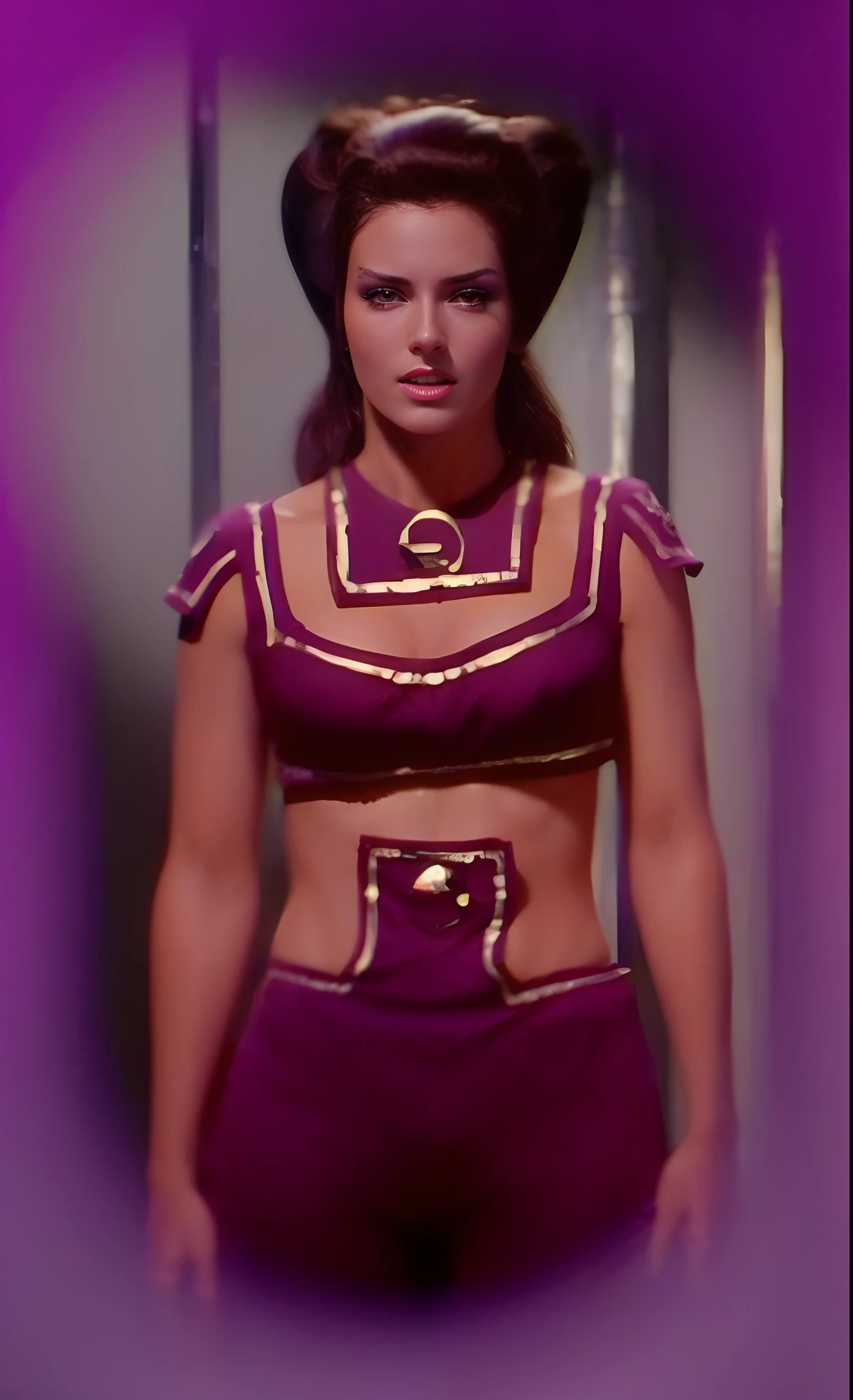 Bodacious seductive young Russian girl, streaks of bright purple & neon green eye makeup, elaborately coiffed black hair with large side rolls, wearing space bikini genie harem outfit, 4K, cinematic, hyper-sharp, hyper-realistic, hyper-detailed, symmetrical, "100% anatomically correct", octane render