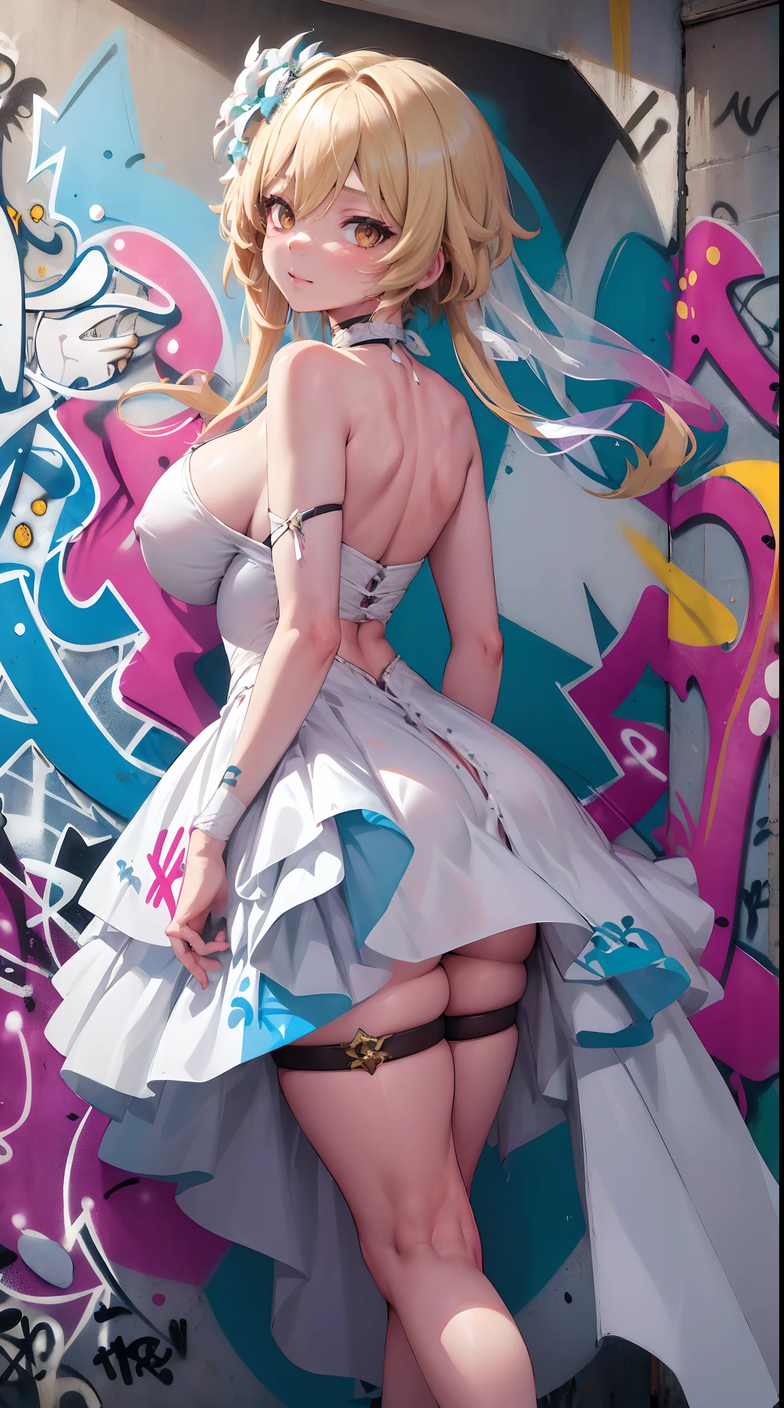 Lumine | genshin impact, master-piece, bestquality, 1girls,25 years old, proportional body, proportional., Wedding Dresses, White Wedding Dress, wedding, gigantic breasts, ,bara, choker, (Graffiti:1.5), Splash with purple lightning pattern., arm behind back, against wall, View viewers from the front., Thigh strap, Head tilt, bored, 10, 10, HD, slight smile,