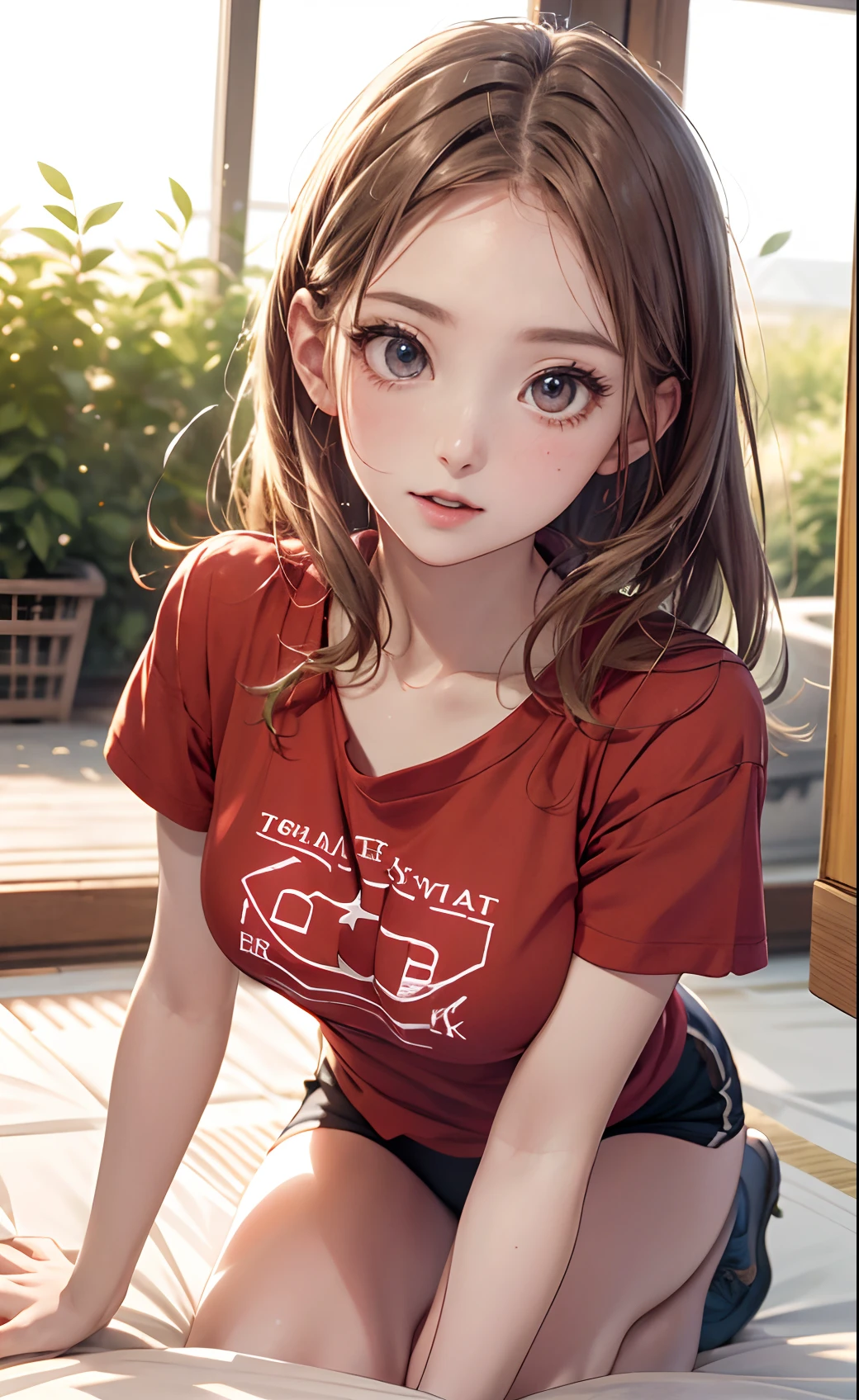 absurderes, ultra-detailliert,bright colour,(8K:1.3),masuter piece,extremely beautiful detailed face and eyes, 25 years old,Anthropomorphism of tomatoes,Wearing a red shirt,medium breasts、Red skin、Summer morning、Ghibli,Tomato plantation