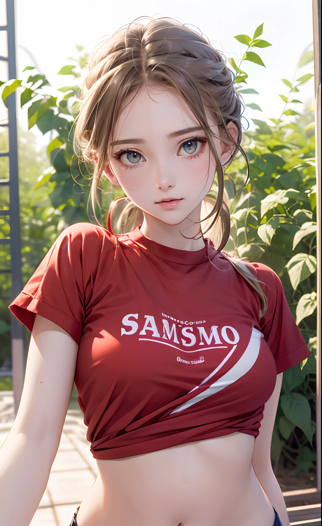 absurderes, ultra-detailliert,bright colour,(8K:1.3),masuter piece,extremely beautiful detailed face and eyes, 25 years old,Anthropomorphism of tomatoes,Wearing a red shirt,medium breasts、Red skin、Summer morning、Ghibli,Tomato plantation