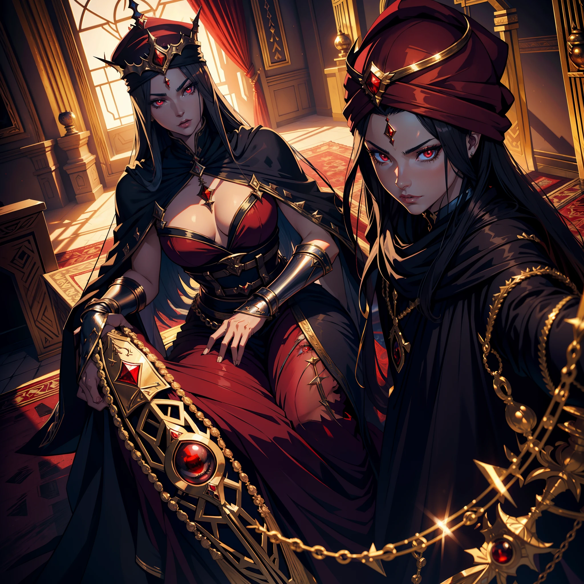 Castlevania Super Realistic Shadow Lord Super Detailed Dynamic Shot Of Very Beautiful Arabian Princess With A Red Turban Hokuto Portrait Zoom Sexy Sexy Face Shiny Face Glowing Face Red Mouth Crystal Glowing Eyes 3D Moroccan View Super Realistic Outfit Super Detailed Kaftan With Her Father The King Room Throne