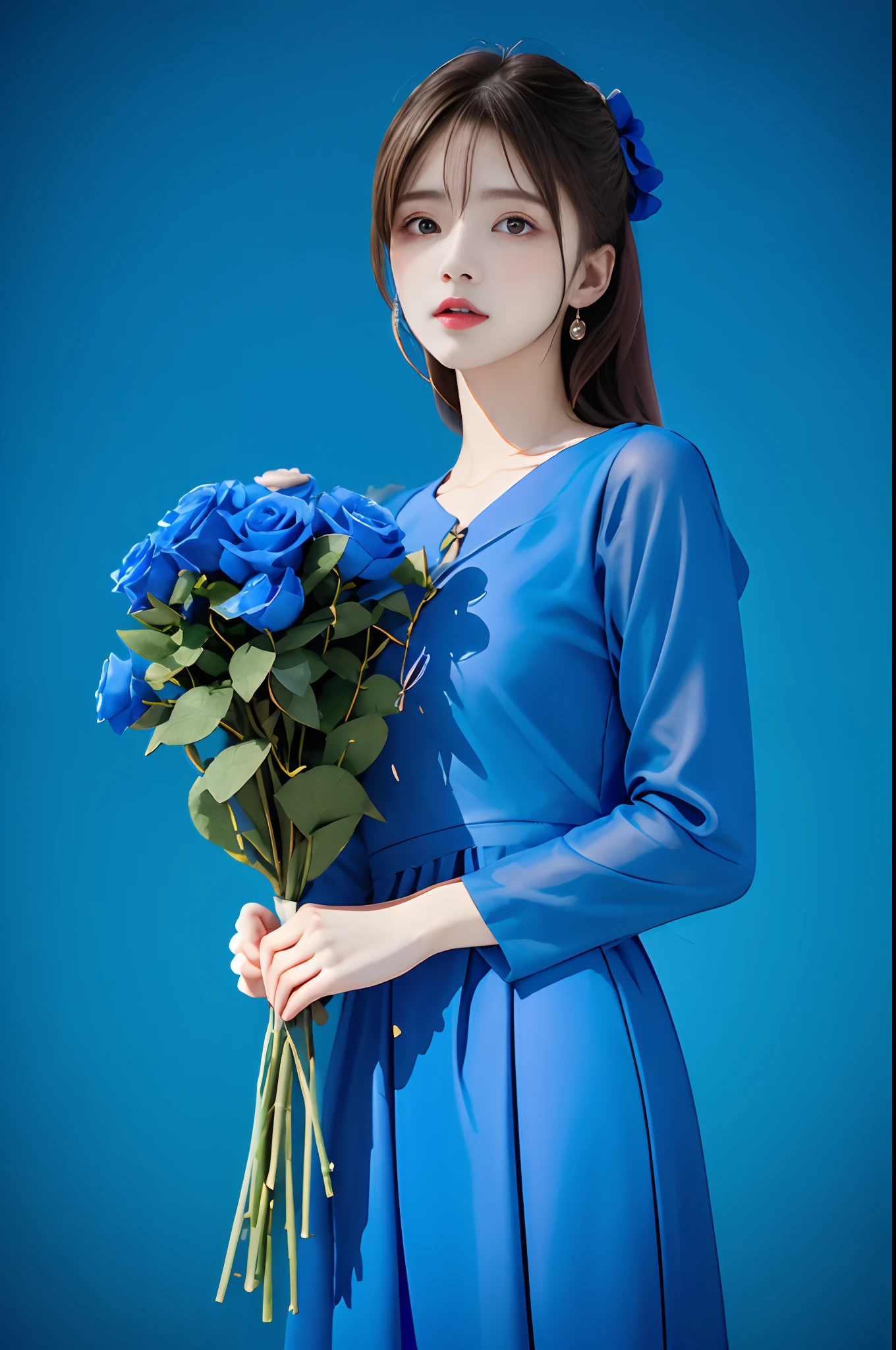 Blue background、Woman in blue dress with blue big bouquet, , 、Rich blue sky blue, all blue、 fine art fashion photography, Bright blue, Blue ugly ornaments, Shades of blue, Blue roses, Blue color, xue han, Blue accents, Blue clothes, Very blue,Blue tones, The atmosphere of blue flowers in the sky, Wearing blue