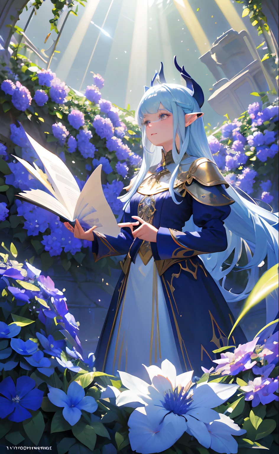 Masterpiece, Best quality, 1girll, Staghorn elves walk through blue flower fields， Dutch angle, Cinematic, voluminetric lighting, rays of sunshine, Soft lighting, mistic, magical, rim lit, fantasy, Sparkle, glimmering