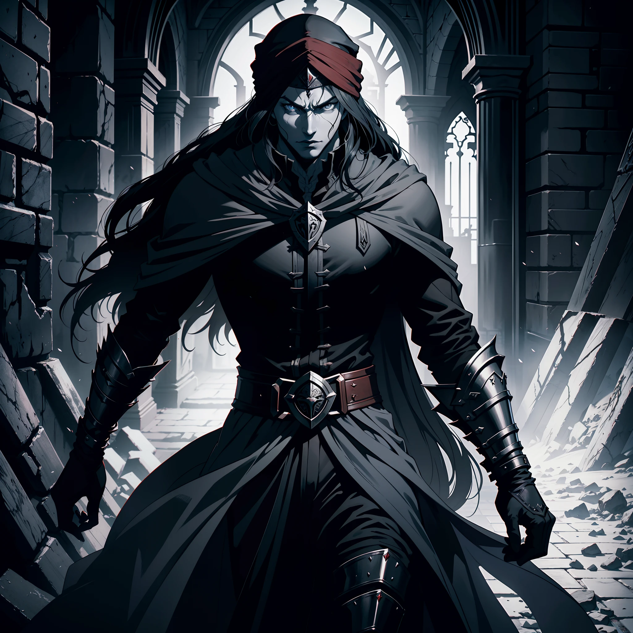 Castlevania lord of the shadows hyper realistic super detailed Dynamic shot master piece scene cinématique scènes movie Epic Legendary Lord Dracula Arabian with red turban Line art black and white