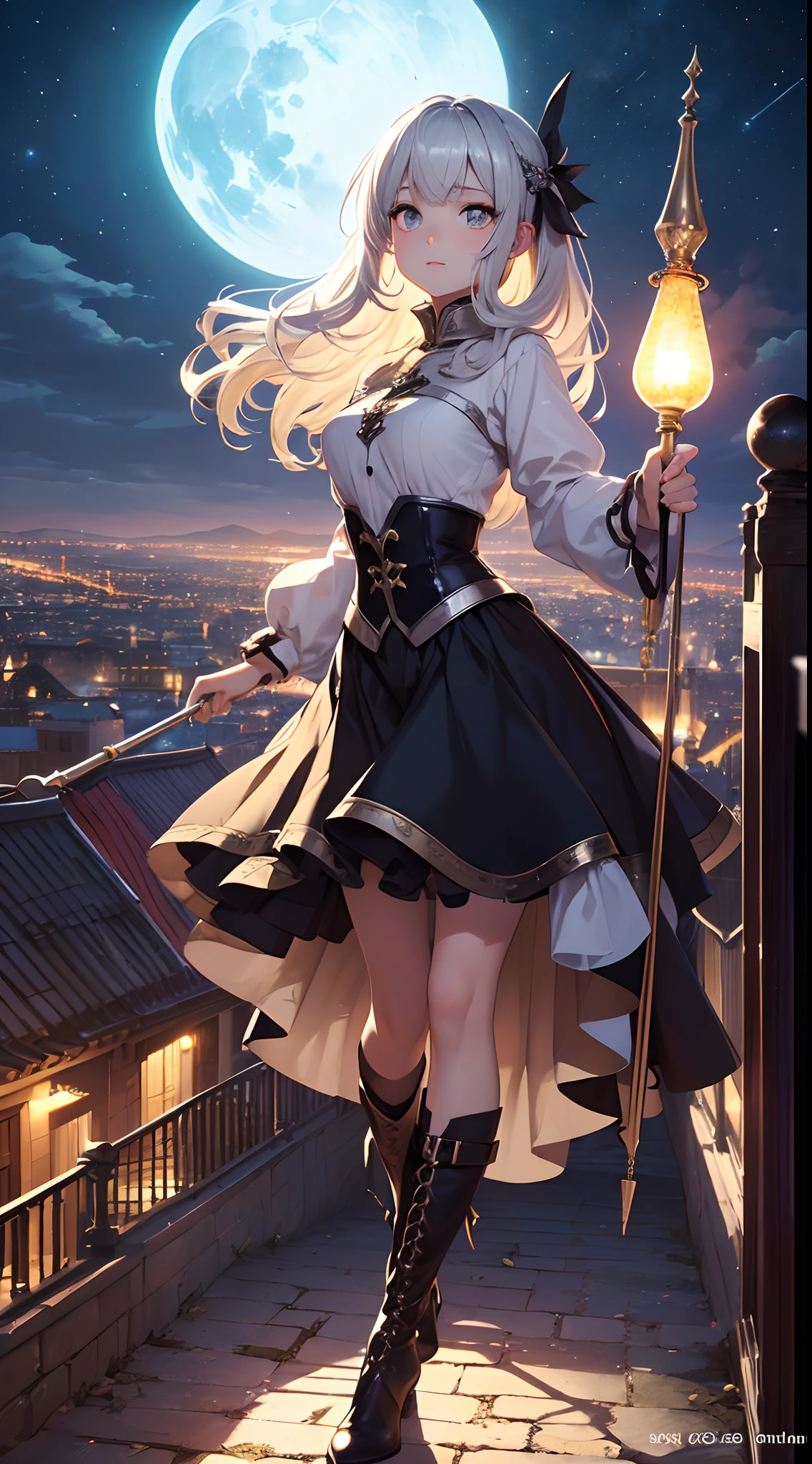 (Official art、Best Quality、Unity 8k Wallpapers、32K、masterpiece、ultra-detailliert、超A high resolution、realisitic、Photorealsitic:1.2)、(Cinematic lighting:1.2)、Fireglow effect、film grains、Best Shadows、Rim lighting、side lights、sideshot、(Ultra-detailed and complex 3D rendering)、Detailed beautiful face and eyes、Sharp pupils、Realistic pupils、A slender、1Man Woman、Medium bust、(Full body:1.2)、 beauitful face、16-year-old beautiful girl、(super detailed skin、detailed skin textures:1.3)、(platinum-blonde、Silver hair:1.3)、waved hair、Blunt bangs、green colored eyes、elf-ears、magical girl costume、A slender、white shirt、Costumes with frills、frills skirt、knee sox、(thighs thighs thighs thighs:0.8)、Black boots、(Fantastic and beautiful night sky、Medieval city at night、On the roof:1.2)、(Human soul in the night sky、Fantastical:1.3)、(carrying a magical staff:1.3)、(Looking away、overlooking a city:1.3)、Fantastical、Gentle smile、I opened my mouth a little、