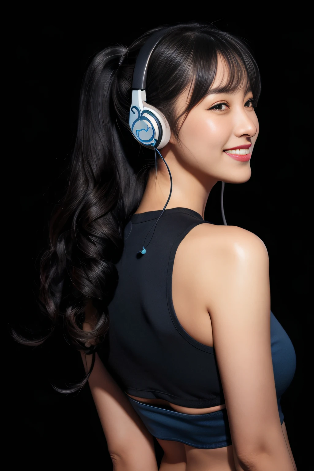 ((Body Portrait))、Solo, (((masutepiece, Best Quality))) ,  (from the front side), Shadow_Lee, Lee overhead, ((headphones_Ears)), Bangs, Bare_shoulders, Blue_Eyes, eye glass_SUI_Head, hair_Bland_Eyes, long_hair,  long_hair, 1girl in, ((Curly black hair、poneyTail)),　Black theme、black backgrounds、Click here for the line of sight、((Smile with closed mouth))、Body Portrait、Body Portrait、((Blue crop top))