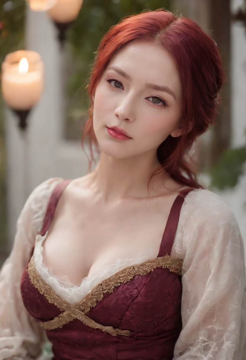 (((a deep reddish wound crosses her left cheek))) fair complexion, sakura haruno around 30 years old, natural pink hair, distinctive green eyes, wearing kohl, slender and graceful, large breasts, beautiful, candlelight in a medieval setting, ultra sharp focus, realistic shot, medieval female clothes, tetradic colors (scar:1.4)