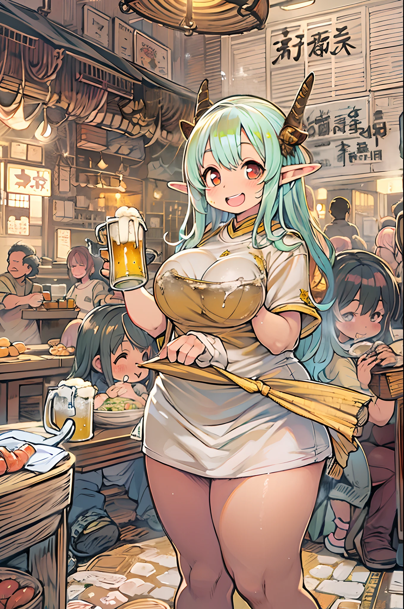 Elf Girl、Muchimuchi、bbw、huge-breasted、Sareme、tshirts、huge smile、Yakiniku、beer、