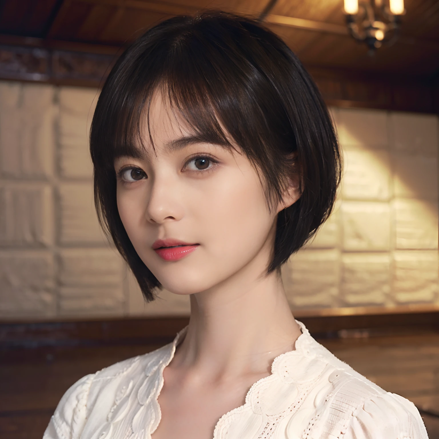 21
(Shorthair:1.3), (a 20 yo woman), (A hyper-realistic), (Masterpiece), (8KUHD), Focus on the face, (The walls of the room are fractal design:1.23)