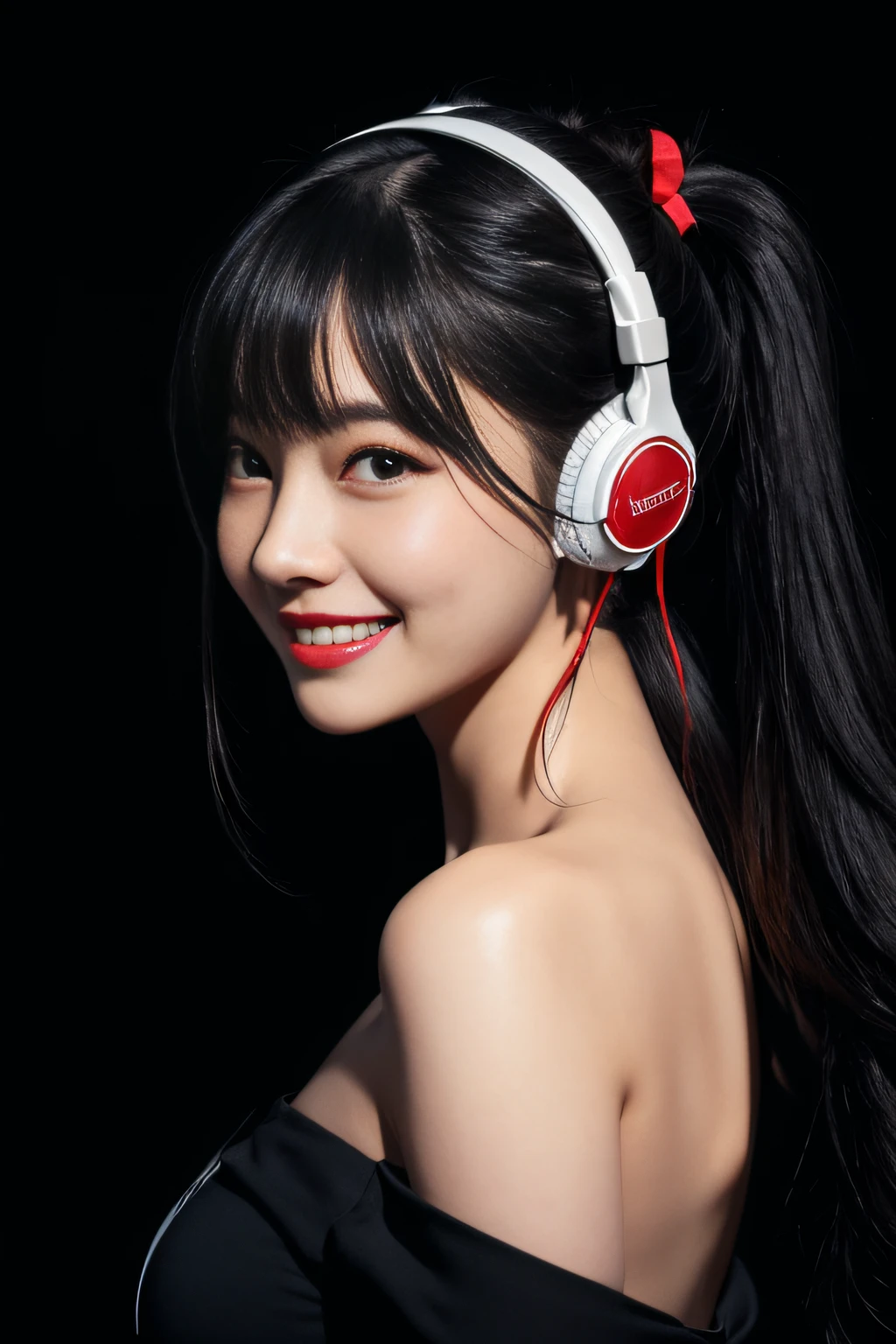 ((Body Portrait))、Solo, (((masutepiece, Best Quality))) , (from the front side), Shadow_Lee, Lee overhead, ((Red headphones_Ears)), Bangs, Bare_shoulders, Blue_Eyes, eye glass_SUI_Head, hair_Bland_Eyes, long_hair, long_hair, 1girl in, ((Curly black hair、poneyTail)), Black theme、black backgrounds、Click here for the line of sight、((Smile with closed mouth))、Body Portrait、Body Portrait、Blue off-shoulder