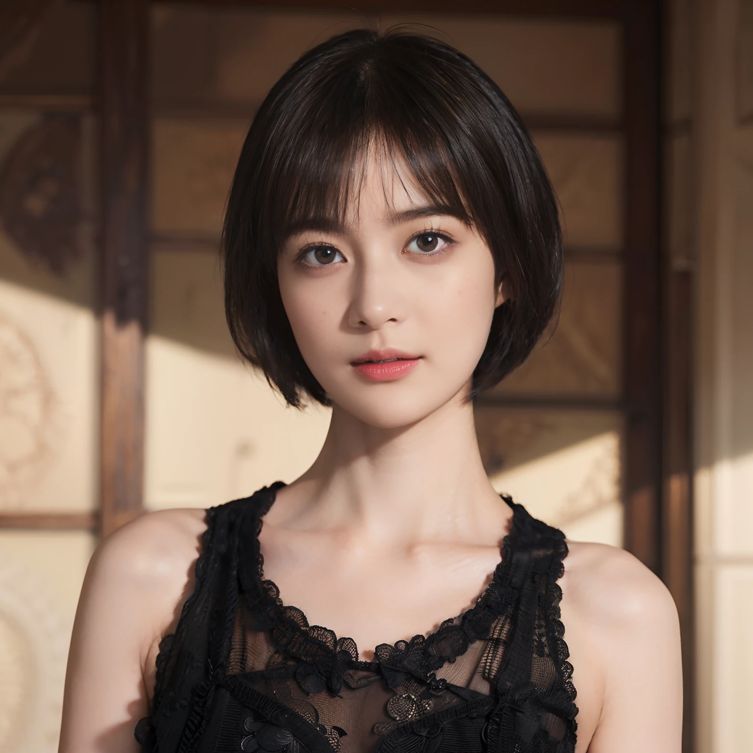 21
(Shorthair:1.3), (a 20 yo woman), (A hyper-realistic), (Masterpiece), (8KUHD), Focus on the face, (The walls of the room are fractal design:1.23)