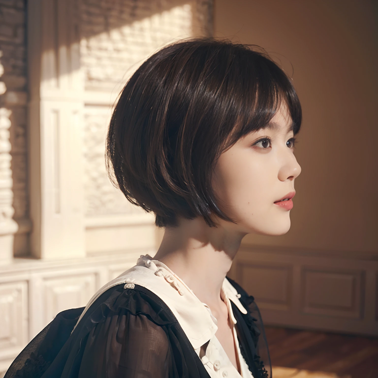21
(Shorthair:1.3), (a 20 yo woman), (A hyper-realistic), (Masterpiece), (8KUHD), Focus on the face, (The walls of the room are fractal design:1.23)