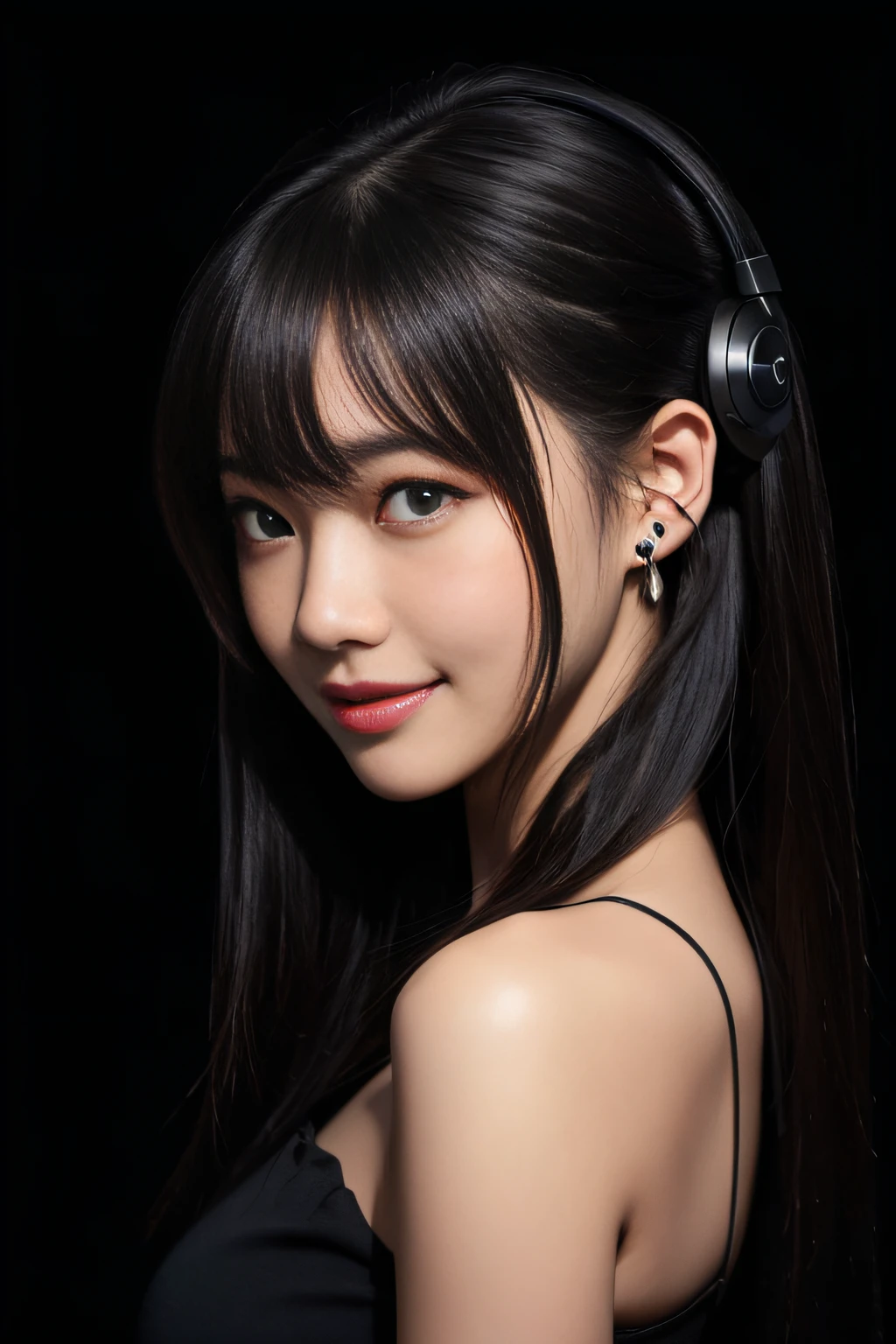 Solo, (((masutepiece, Best Quality))) ,  (From Front:0.95), Shadow_Lee, Lee overhead, headphones_Ears, Bangs, Bare_shoulders, Blue_Eyes, eye glass_SUI_Head, hair_Bland_Eyes, long_hair,  long_hair, 1girl in, [Curly black hair、poneyTail],　Black theme、black backgrounds、Click here for the line of sight、Smile with closed mouth、Body Portrait