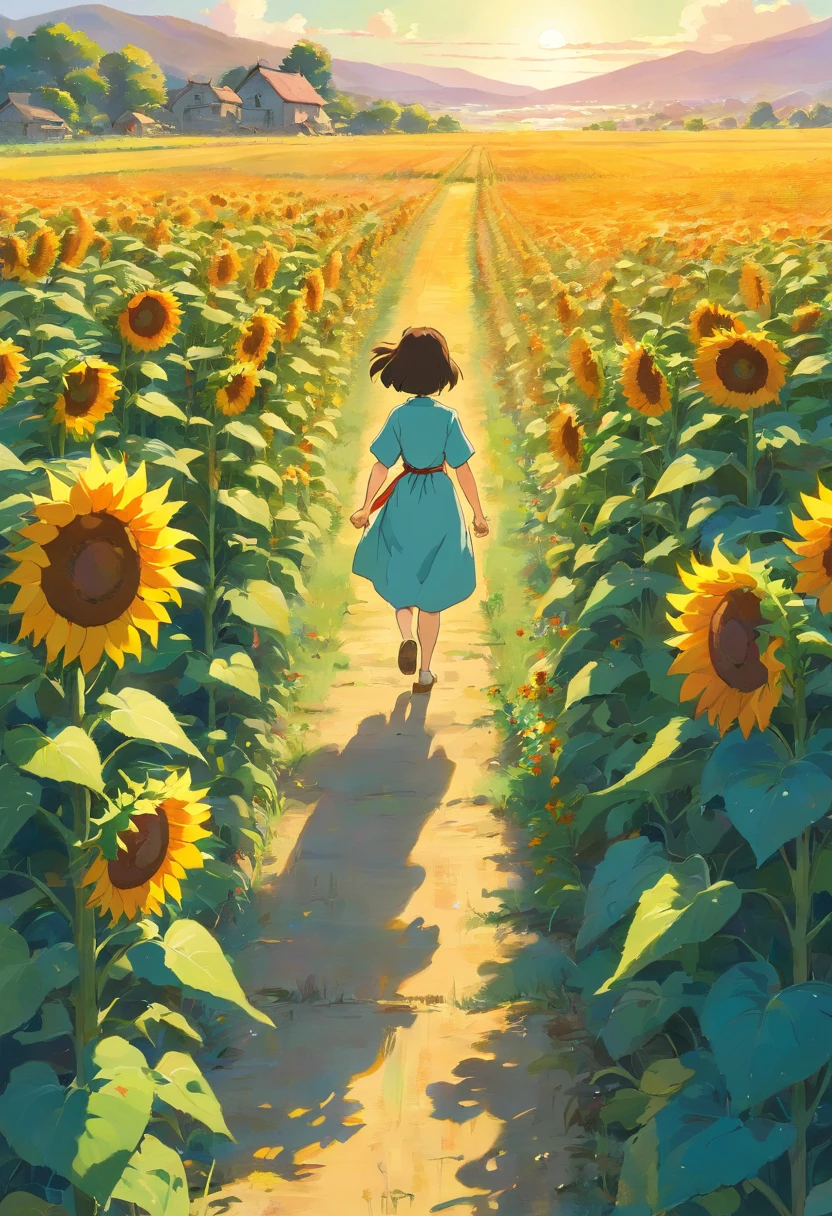 best quality,ultra-detailed,realistic,landscape,sunflowers,tomato plants,vibrant colors,sunlight,blossoming flowers,natural beauty,harmonious composition,painted in oils,professional,high resolution,summer vibes,peaceful atmosphere,lush greenery,fresh vegetables,bright and colorful, picturesque scenery,serene and tranquil mood,gentle breeze,dream-like scene,artistic interpretation,light and shadows,impressionistic style,blending brushstrokes,lively and dynamic,rich texture,depth and dimension,happy and joyful,harvest season,growing abundance,fields of nature,rustic charm,organic simplicity,naturalistic details,gorgeous landscape,masterpiece quality