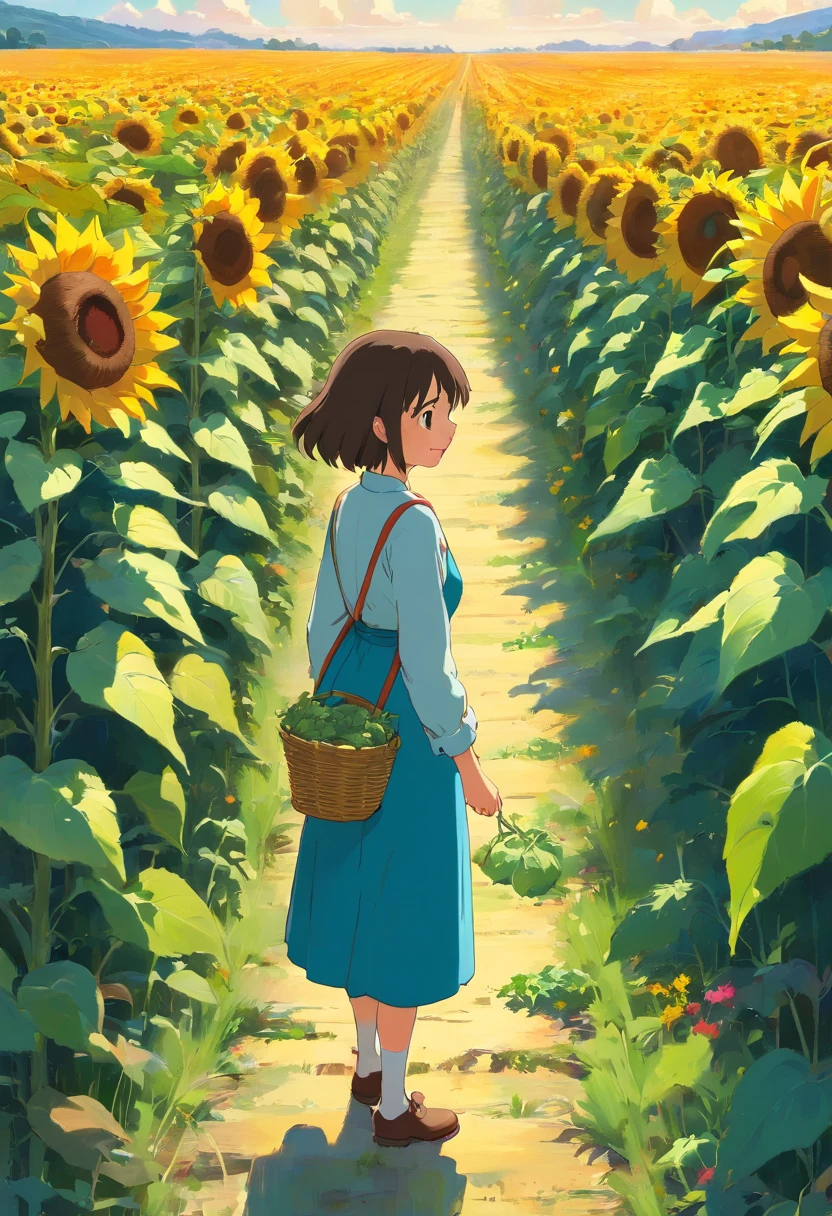 best quality,ultra-detailed,realistic,landscape,sunflowers,tomato plants,vibrant colors,sunlight,blossoming flowers,natural beauty,harmonious composition,painted in oils,professional,high resolution,summer vibes,peaceful atmosphere,lush greenery,fresh vegetables,bright and colorful, picturesque scenery,serene and tranquil mood,gentle breeze,dream-like scene,artistic interpretation,light and shadows,impressionistic style,blending brushstrokes,lively and dynamic,rich texture,depth and dimension,happy and joyful,harvest season,growing abundance,fields of nature,rustic charm,organic simplicity,naturalistic details,gorgeous landscape,masterpiece quality