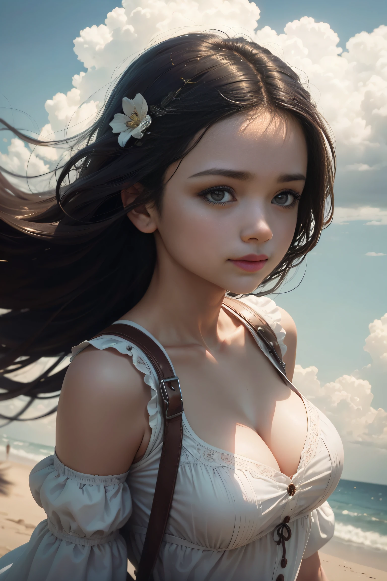 tmasterpiece，best qualtiy，cinematic Film still from，1girl，Floating in the sky，Cloud Girl，​​clouds，（closeup cleavage：1.1），brightly，cheerfulness，intriguing，gentlesoftlighting