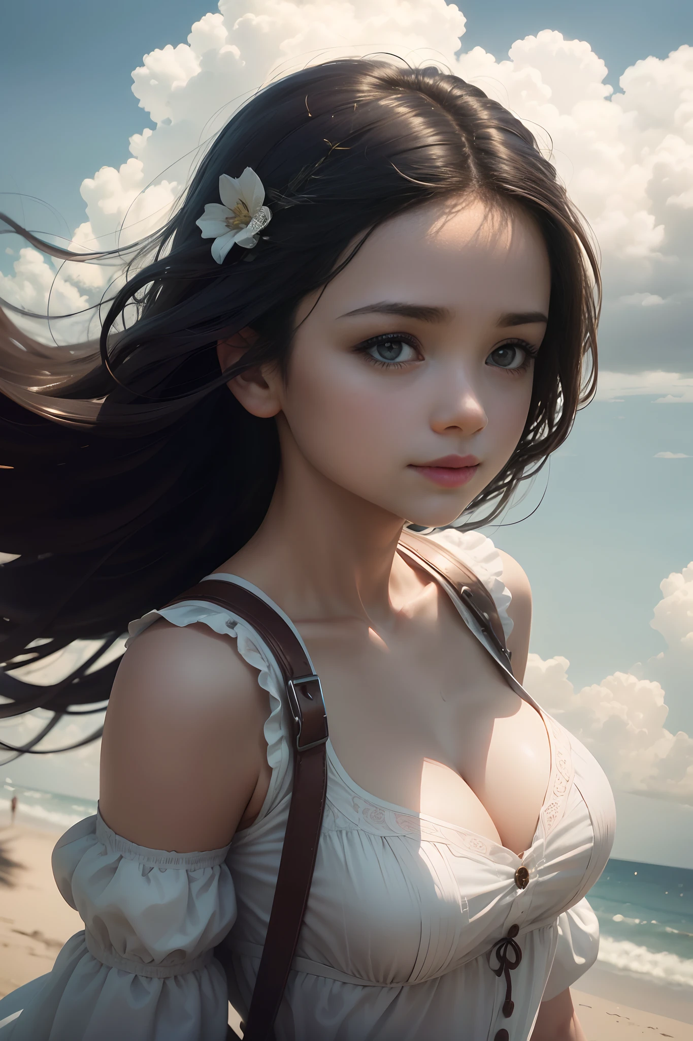 tmasterpiece,best qualtiy,cinematic Film still from,1girl,Floating in the sky,Cloud Girl,clouds,(closeup cleavage:1.1),brightly,cheerfulness,intriguing,gentlesoftlighting