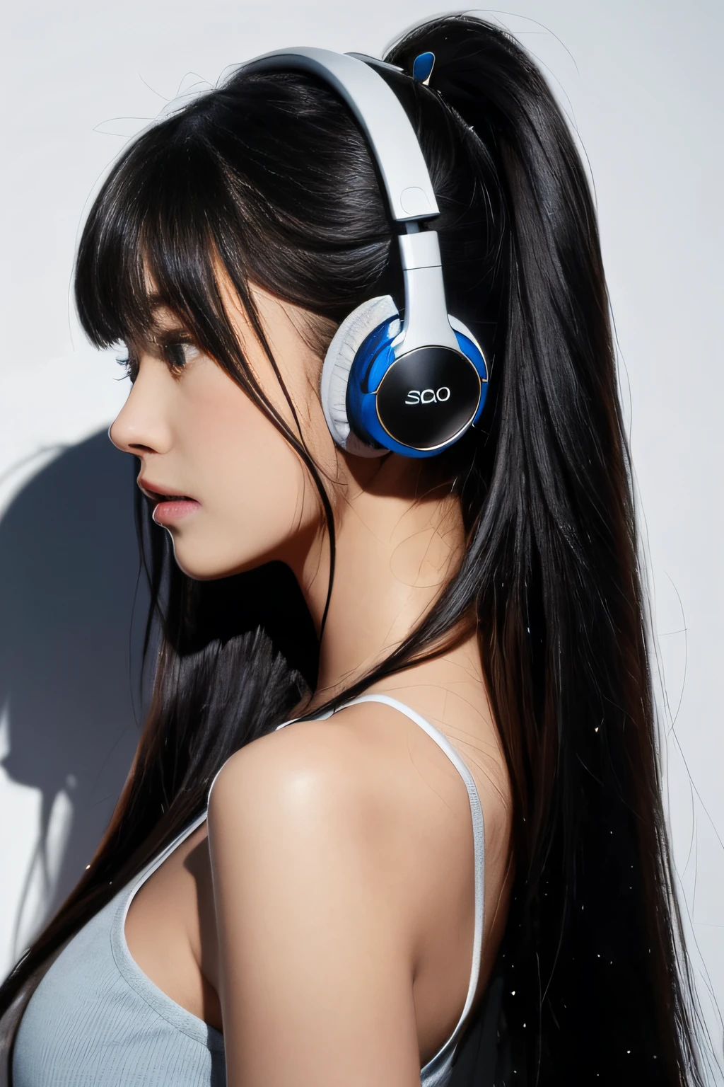Solo, (((masutepiece, Best Quality))) ,  (From Side:0.95), Shadow_Lee, Lee Dusha, headphones_Ears, Bangs, Bare_shoulders, Blue_Eyes, eye glass_SUI_Head, hair_Bland_Eyes, long_hair,  long_hair, 1girl in, [Curly black hair、poneyTail],