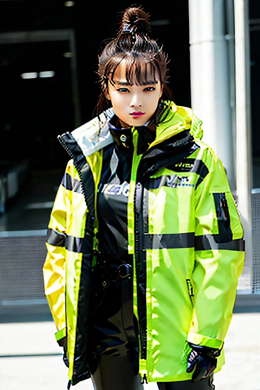 With a unique and eye-catching style, a female model dons a reflector jacket and stands against a pure white background, creating a striking contrast.