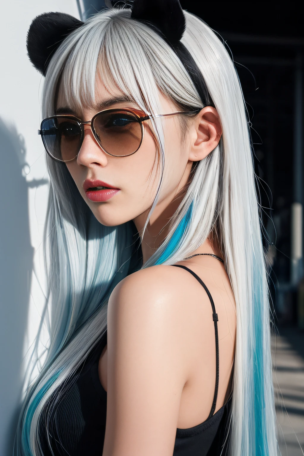 Solo, (((masutepiece, Best Quality))) ,  (From Side:0.95), Shadow_Lee, Lee Doosha, a panda_Ears, Bangs, Bare_shoulders, Blue_Eyes, eye glass_SUI_Head, hair_Bland_Eyes, long_hair,  Sunglasses, very_long_hair, 1girl in, [White hair, striated hair, Blue hair],