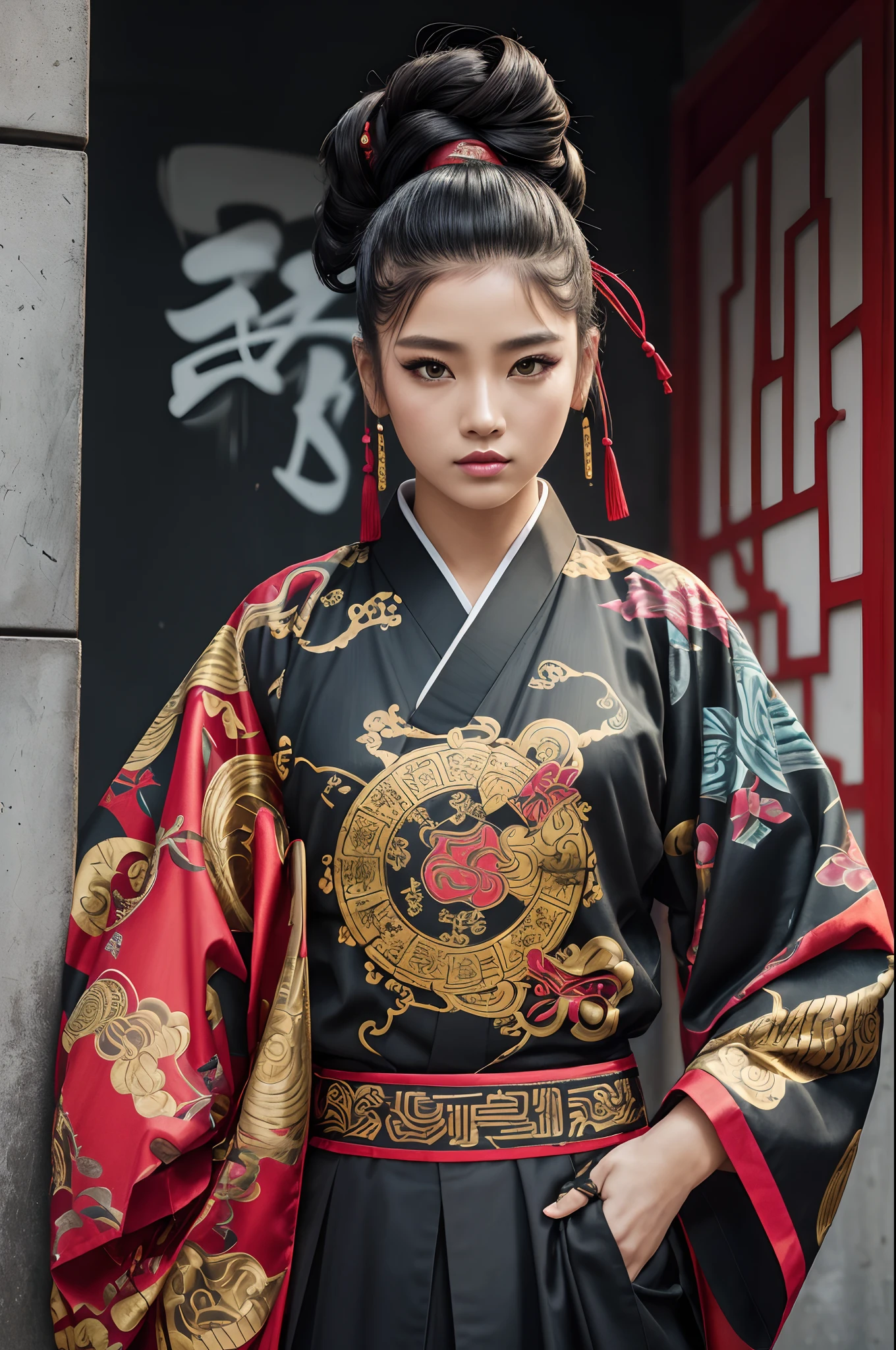 (best quality,4k,8k,highres,masterpiece:1.2),ultra-detailed,(realistic,photorealistic,photo-realistic:1.37),hip-hop style streetwear,(saggy:1.1),bape,stussy,wuxia hanfu,(traditional Chinese costume),(traditional Japanese garment),(Japanese symbols),(Japanese culture),(carefully paired),(hakama),(vibrant colors),(dynamic poses),(urban backdrop),(graffiti art),(low lighting),(contrast:1.1),(futuristic elements),(traditional meets modern),(street fashion),(bold patterns),(unique hairstyles),(confident expressions)