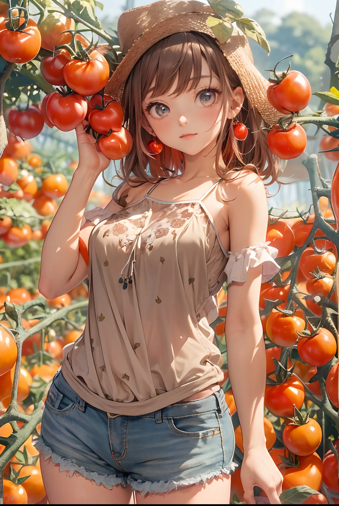 Beautiful slender thin exquisite (nude) (Girl ) (with a perfect southern type face) with short red hair (with tender beautiful big breasts with tender nipples) barefoot with bare thighs ((with red pubic hairs)) ((in an unbuttoned open light orange shirt over his naked body and short light orange shorts)) coming (along the brick road) in the middle of a flowering field (with a glass of wine), in a gentle watercolor style, Discreet shades, sfumato, haze, diffused dim light, delicate mint shades, imitation of film photography, (olive and grape groves, Brick Road), (High image quality, Maximum detail), (sunset lighting, Warm evening shades, warm golden and olive sunset light)