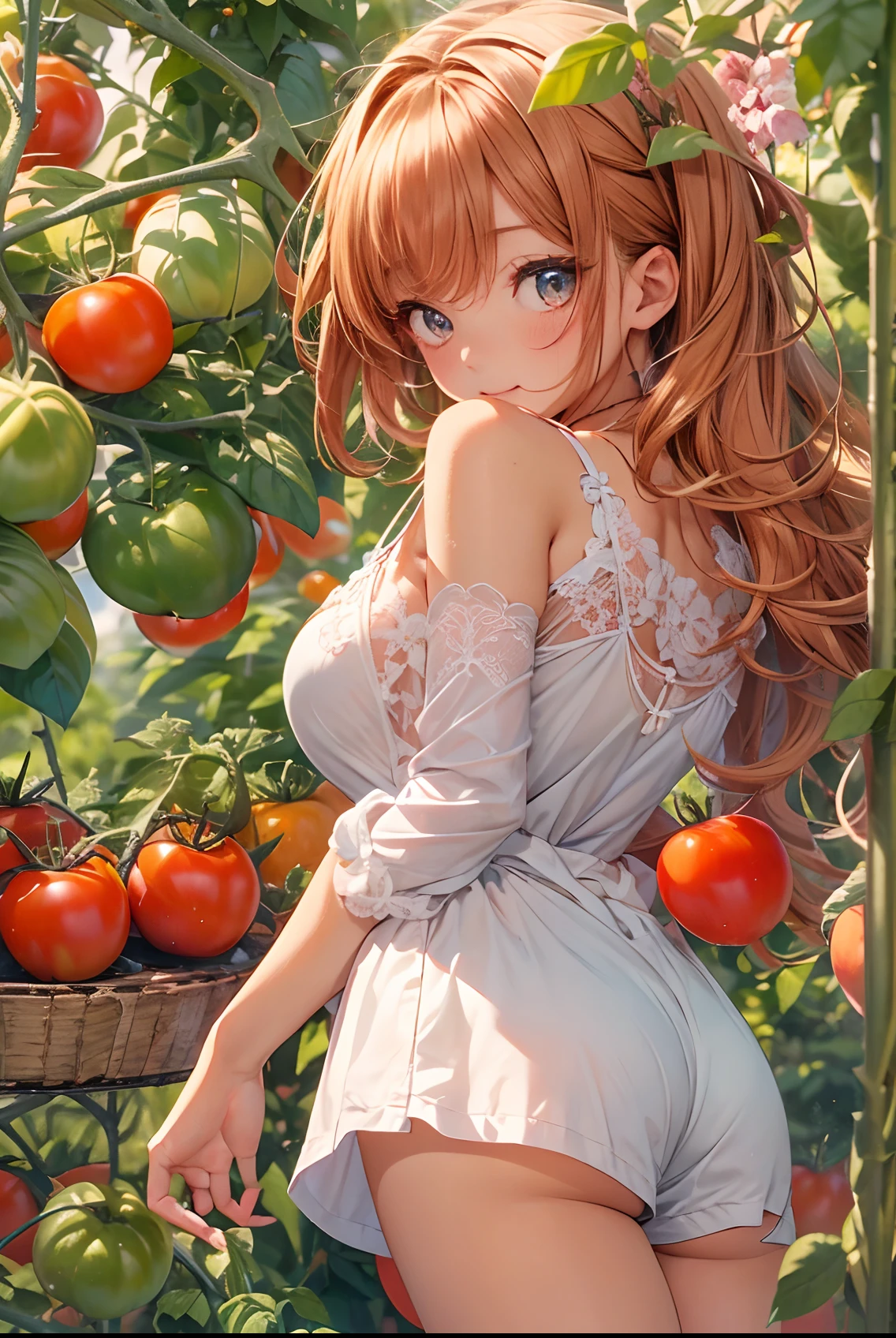 absurderes, ultra-detailliert,bright colour,(8K:1.3),masuter piece,extremely beautiful detailed face and eyes, 25 years old, masuter piece、Camisole、shortpants、Anthropomorphism of tomatoes,medium breasts⁩、Red skin、Summer morning、Ghibli,Tomato plantation